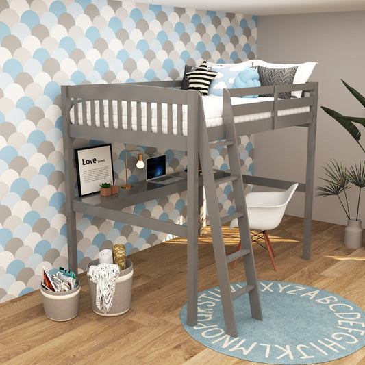 Yes4Wood Everest Grey Solid Wood Full Loft Bed with Desk & Stairs