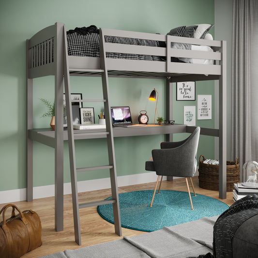 Yes4Wood Everest Grey Solid Wood Twin Loft Bed with Desk & Stairs