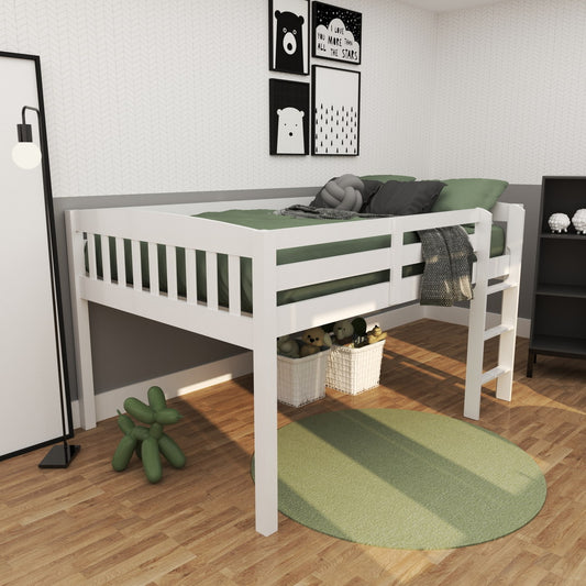 Yes4Wood ElbrusLow White Loft Bed with Storage, Space Saver Full Size Kids Loft Bed with Stairs for Toddlers Assembled in Sturdy Solid Wood, No Box Spring Needed.