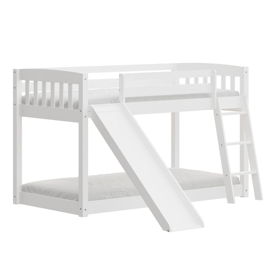 Yes4Wood White Solid Wood Twin Over Twin Bunk Bed with Slide & Stairs