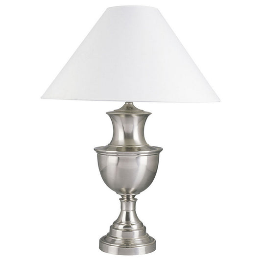 28" Tall Metal Table Lamp with Nickel finish, White Linen Shade