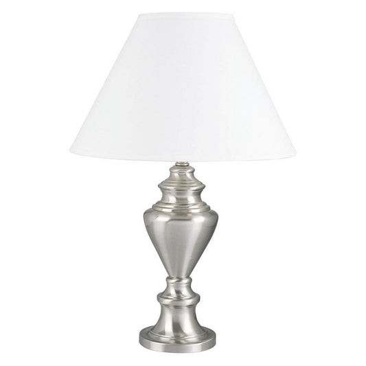 27.5" Tall Metal Table Lamp with Nickel finish, White Linen Shade