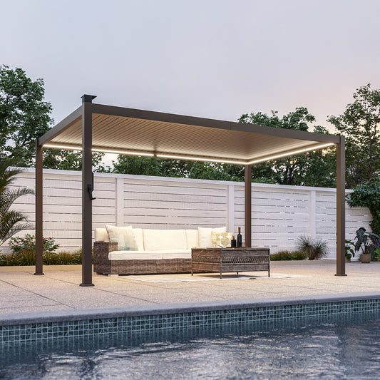 Sonkuki 9 ft. x 14 ft. Aluminized Steel Louvered Pergola with LED Solar Lighted and Adjustable Roof, Dark Brown (AS-BP-DD0914-BN-A)