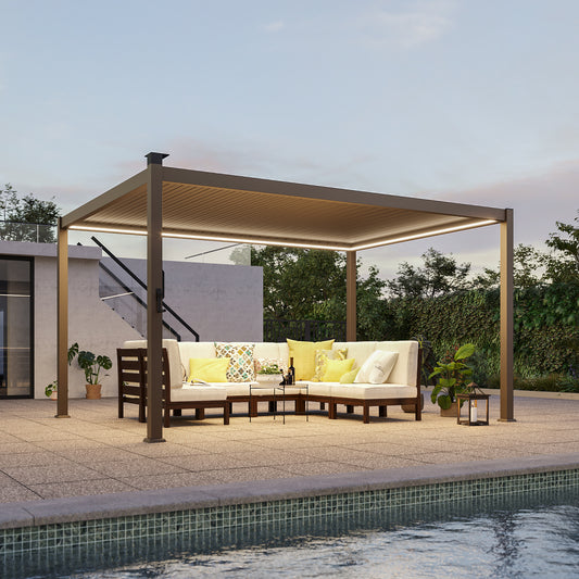 Sonkuki 10 ft. x 13 ft. Aluminized Steel Louvered Pergola with LED Solar Lighted and Adjustable Roof, Dark Brown (AS-BP-DD1013-BN-A)