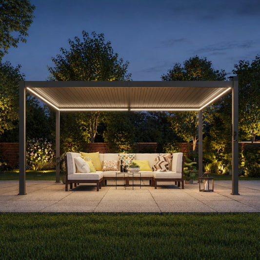 12 ft. x 14 ft. Aluminized Steel Louvered Pergola with LED Solar Lighted and Adjustable Roof, Dark Brown