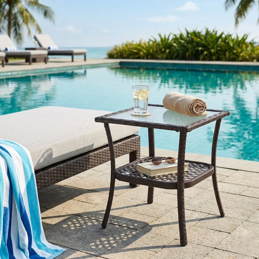 Patio Water Rippled Glass Side Table, Brown Rattan
