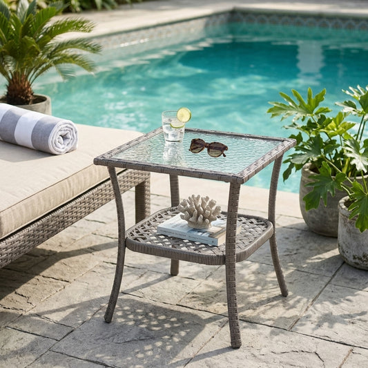 Patio Water Rippled Glass Side Table, Gray Rattan