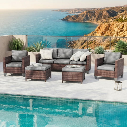 5-Piece Outdoor Patio Conversation Set with Gray Cushions & Brown Wicker Frame