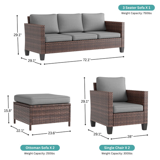 5-Piece Outdoor Patio Conversation Set with Gray Cushions & Brown Wicker Frame