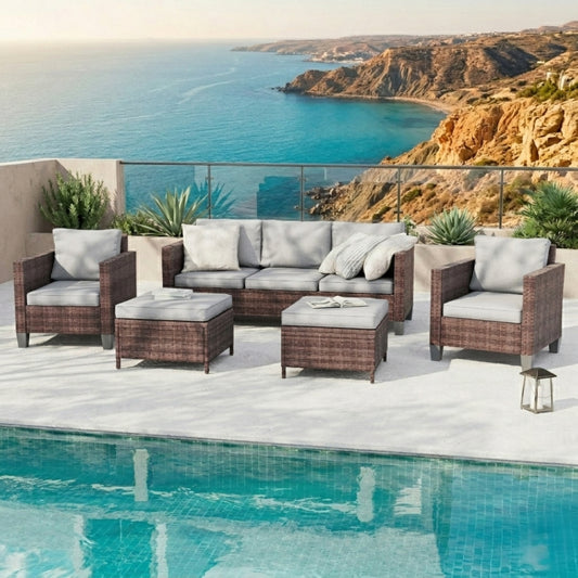 5-Piece Outdoor Patio Conversation Set with Light Gray Cushions & Brown Wicker Frame