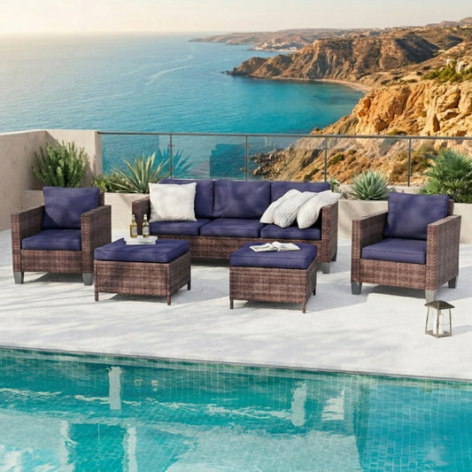 5-Piece Outdoor Patio Conversation Set with Navy Blue Cushions & Brown Wicker Frame