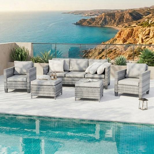 5-Piece Outdoor Patio Conversation Set with Light Gray Cushions & Gray Wicker Frame