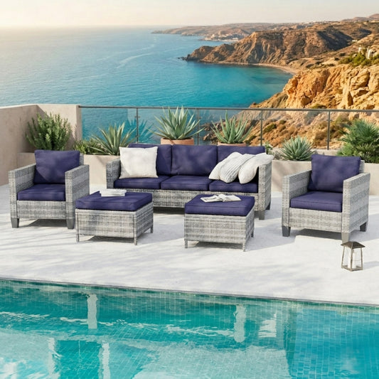 5-Piece Outdoor Patio Conversation Set with Navy Blue Cushions & Gray Wicker Frame