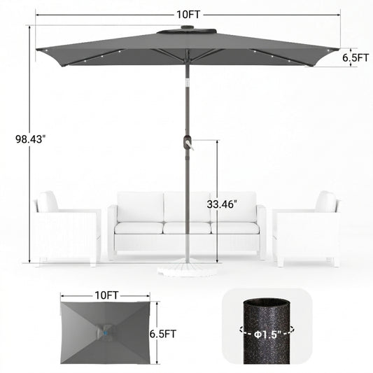 10 x 6.5FT LED Patio Market Table Umbrella, UV-Resistant Canopy and Tilt Button, Dark Gray