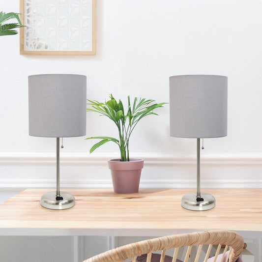 Creekwood Home 19.5_ Oslo Contemporary Bedside Duo, Brushed Steel Table Lamp Two Pack Set with Power Outlet, Gray Shades