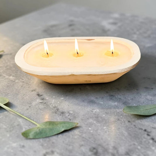 10” Mango Wood Dough Bowl Candle | Hand-Poured Soy, 3-Wick, White