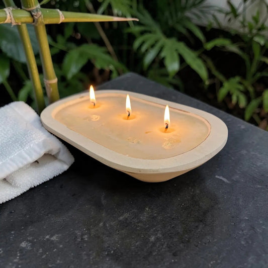 10” Mango Wood Dough Bowl Candle | Hand-Poured Soy, 3-Wick, White