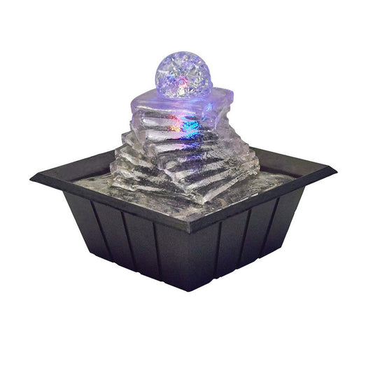 8" Tall Polyresin Indoor Fountain, LED Light and 1L Capacity, Spiral Ice Design