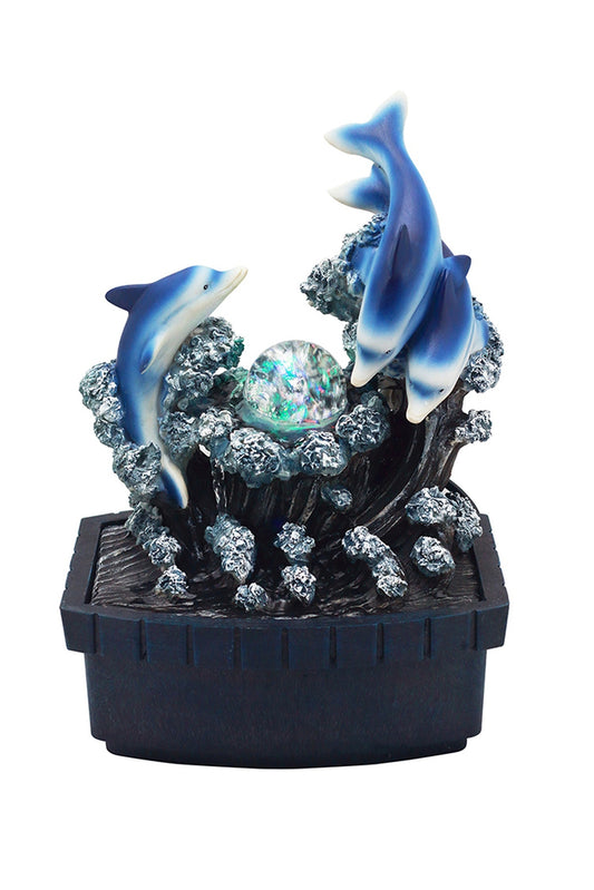 11.5" Tall Polyresin Indoor Fountain, LED Light and 1L Capacity, Dolphin Design