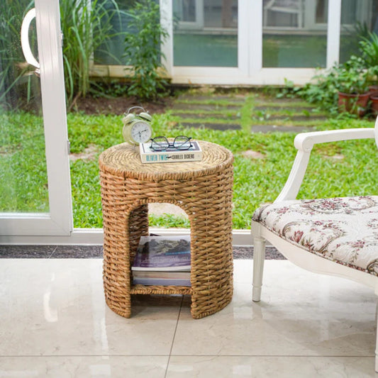 Round Woven Water Hyacinth End Table with Shelf