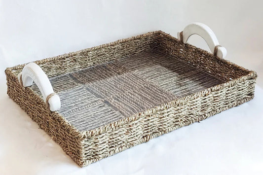 Handcrafted Seagrass Rectangular Tray with Ceramic Handles