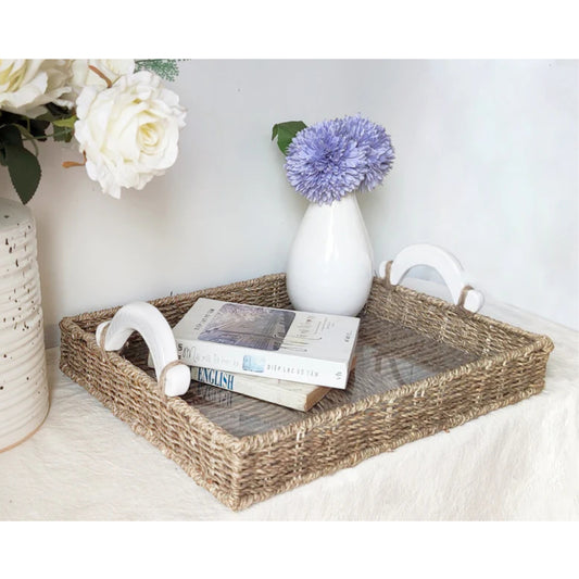 Handcrafted Seagrass Rectangular Tray with Ceramic Handles