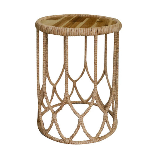Handwoven Round Side Table with Wood Top Ð Natural Rattan Accent Table
