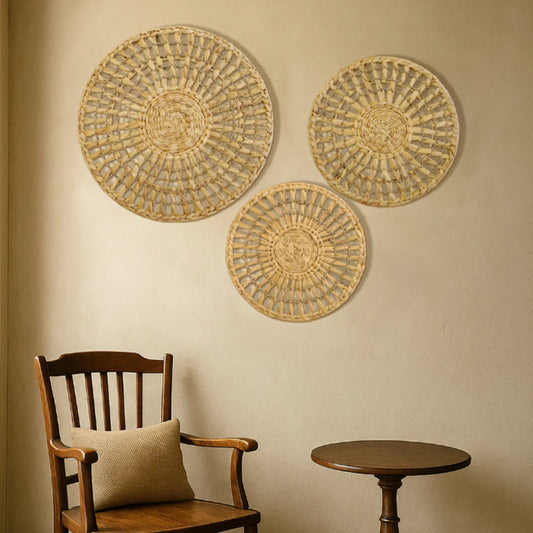 Set of 3 Handwoven Seagrass Wall Decor Ð Natural Boho Circular Design