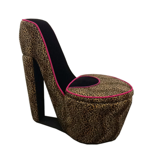32.86" In Cheetah Print W/ Pink Trim Black Sole High Heel Storage Chair