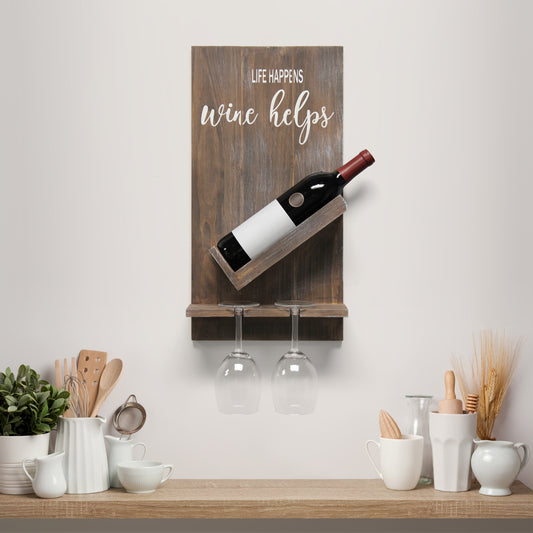 Elegant Designs 20_ Wine Wisdom Wall Mounted Life Happens, Wine Helps Wall Shelf, for Dining Room, Bar, Kitchen, Restored Wood