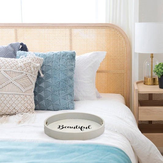 Decorative 13.75_ Round Wood Serving Tray w/ Handles, ÒBeautifulÓ