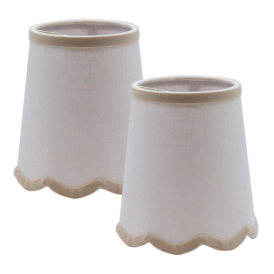 Scallop White Linen Chandelier Lampshade with Tan Trim - Set of 2, 4" x 5.5" x 6"