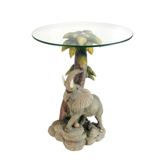 24" Tall Glass top End Table, Polyresin Elephant Base
