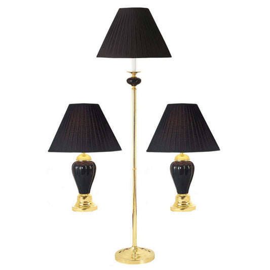 3-Piece Ceramic Lamp Set, Floor and Table Lamps, Black finish
