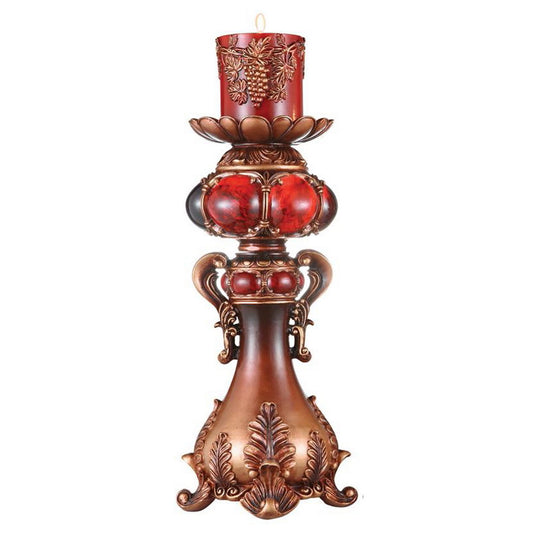 20" Tall Polyresin Candleholder, Red and Brown finish