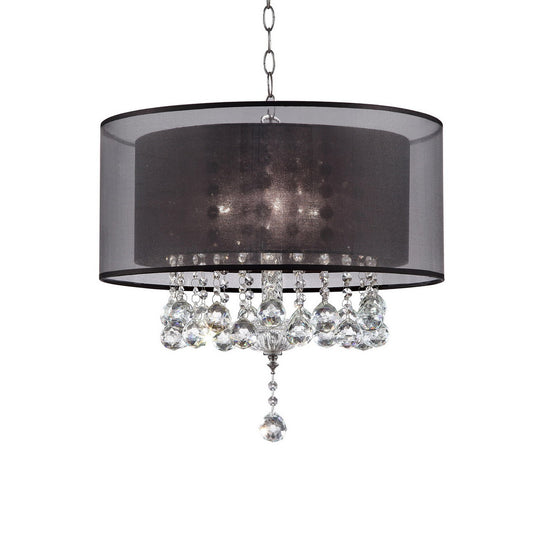 19" Tall Ceiling Lamp "Effleurer", Silver and Crystal Accents, Black Shade