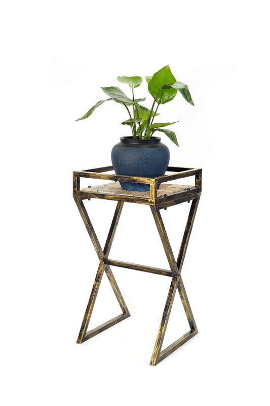 27" Gray Stone Slab Black / Gold Metal Plant Stand