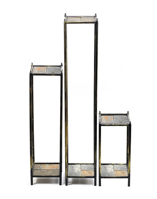 17", 28.5", 40" Gray Stone Slab Black / Gold Cast Metal Plant Stands Set of 3