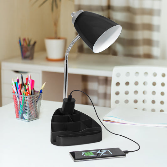 Simple Designs 18.5_ All-in-One Gooseneck Desk Lamp with iPad Stand, Book Holder, and Convenient Charging Outlet, for Office, Bedroom, Living Room, Black