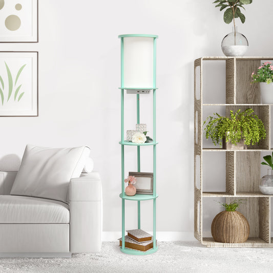 Simple Designs 62.5_ Round Modern Shelf Etagere Organizer Storage Floor Lamp with 2 USB Charging Ports, 1 Charging Outlet and Linen Shade for Living Room Bedroom Office, Aqua