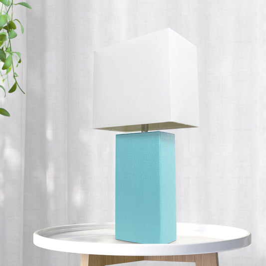 Lalia Home Lexington 21_ Leather Base Modern Home DŽcor Bedside Table Lamp for Living Room, Bedroom, Entryway, Foyer, or Office with White Rectangular Fabric Shade, Aqua