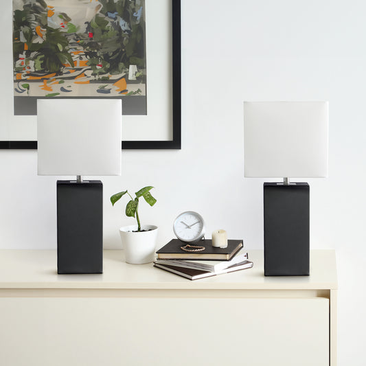 Lalia Home Lexington 21_ 2-Pack Leather Base Modern Home DŽcor Bedside Table Lamp Set for Living Room, Bedroom, Entryway, Foyer, or Office with White Rectangular Fabric Shade, Black