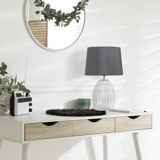 Lalia Home 17.63_ Contemporary Fluted Glass Bedside Table Lamp with Gray Fabric Shade, Clear