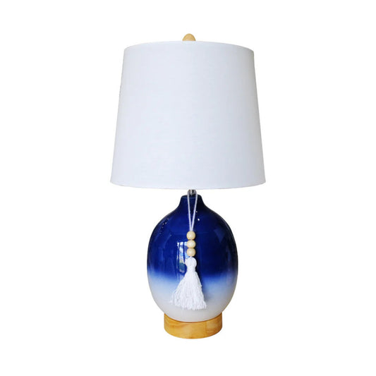Ceramic Table Lamp with Blue Ombre Base, Wooden Accent, White Fabric Shade, Decorative Tassel, Modern Lighting, UL Listed