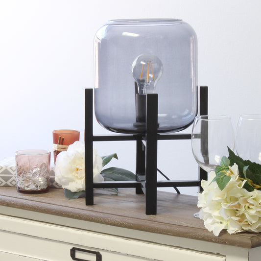 Simple Designs 13.5_ Wood and Glass Contemporary Uplight Table Lamp, for Living Room, Bedroom, Office, Black with Smokey Glass Cylinder Shade