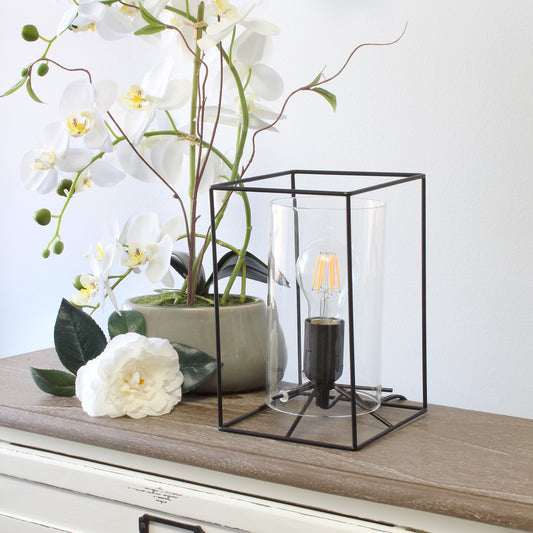 9_ Contemporary Metal Cube Table Lamp, for Living Room, Bedroom, Office, Black with Clear Glass