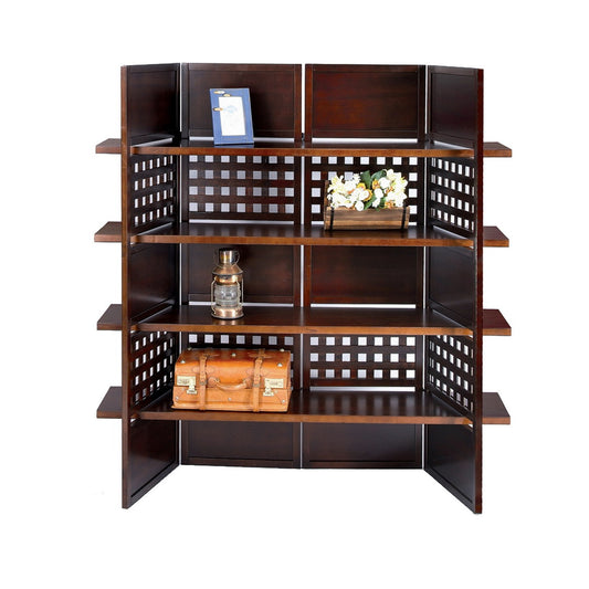 58.75" Tall 4-Panel Screen / Room Divider, Book Shelf with Walnut finish