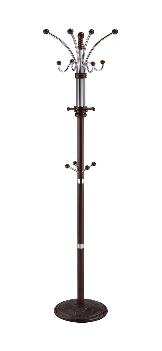73" Tall Chrome and Wood Coat Rack, Espresso finish