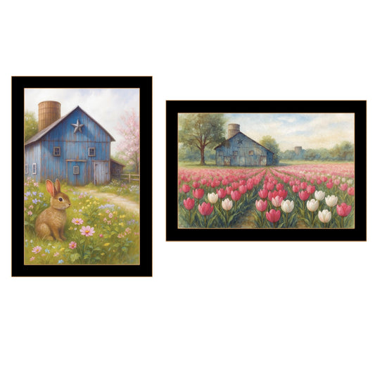 "Bunny enjoying Spring and Tulips" 2-Piece Vignette by Anthony Smith Ready to Hang Framed Print, Black Frame
