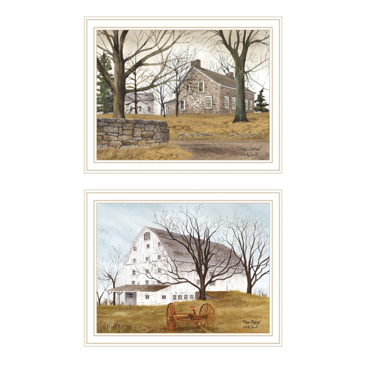 Trendy Decor 4U 2- Piece Vignette Stone Cottage Farmhouse & White Wooden Barn with Hay Rake White Framed Wall Art for Living Room, Bedroom Wall Art Print for Home Decor by Billy Jacobs